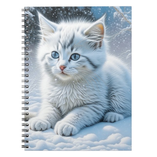 Caderno Espiral Gato Branco Bonito Brincando na Neve (Frente)