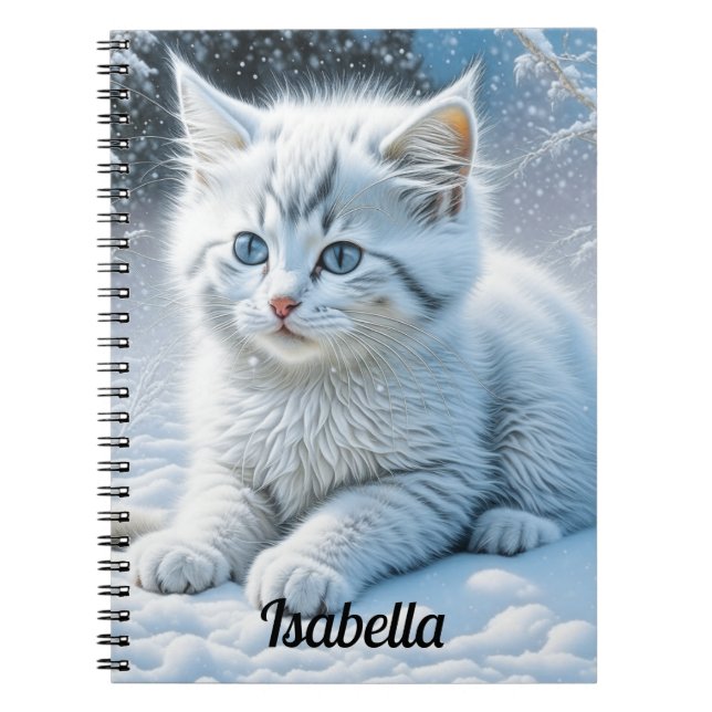 Caderno Espiral Gato Branco Bonito Brincando na Neve Personalizado (Frente)