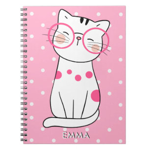 Caderno Espiral Gato branco bonito com óculos e padrão de Bolinhas