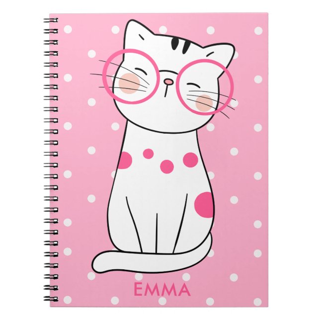 Caderno Espiral Gato branco bonito com óculos e padrão de Bolinhas (Frente)
