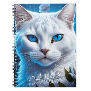 Caderno Espiral Gato Branco com Olhos Azuis Brilhantes Personaliza