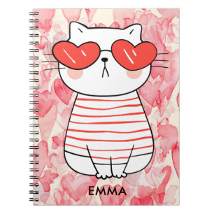 Caderno Espiral Gato branco e bonito com óculos de coração Monogra