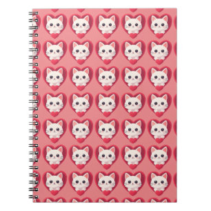 Caderno Espiral Gato Branco Fofo com Coração Desenho de Kawaii Kit