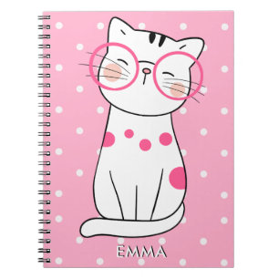 Caderno Espiral Gato branco fofo com óculos & padrão de bolinhas