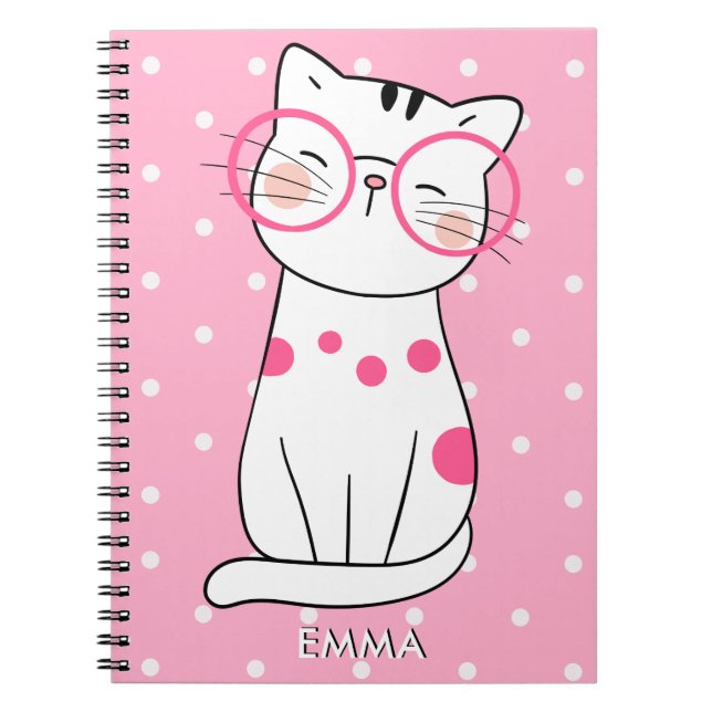 Caderno Espiral Gato branco fofo com óculos & padrão de bolinhas (Frente)