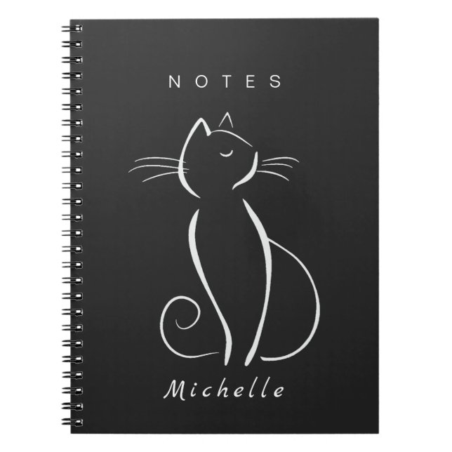 Caderno Espiral Gato Branco Minimizado em Preto Nome Adicionar (Frente)