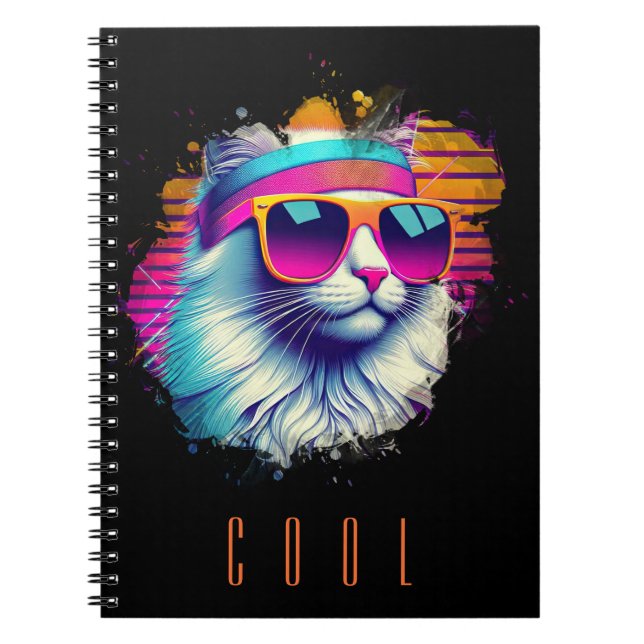 Caderno Espiral Gato branco retrô com ógrados laranja (Frente)