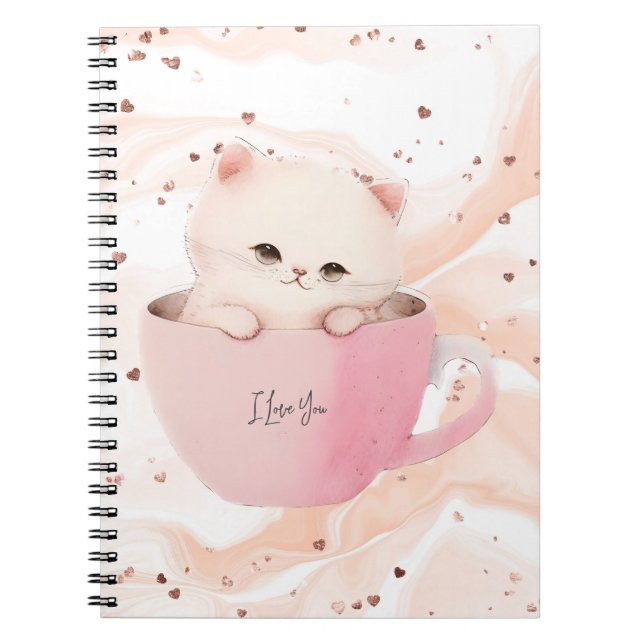 Caderno Espiral Gato branco-rosado em uma taça de chá (Frente)