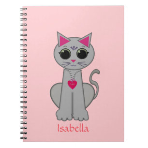 Caderno Espiral Gato Cinza Fofo & Caligrafia de Nome em Rosa