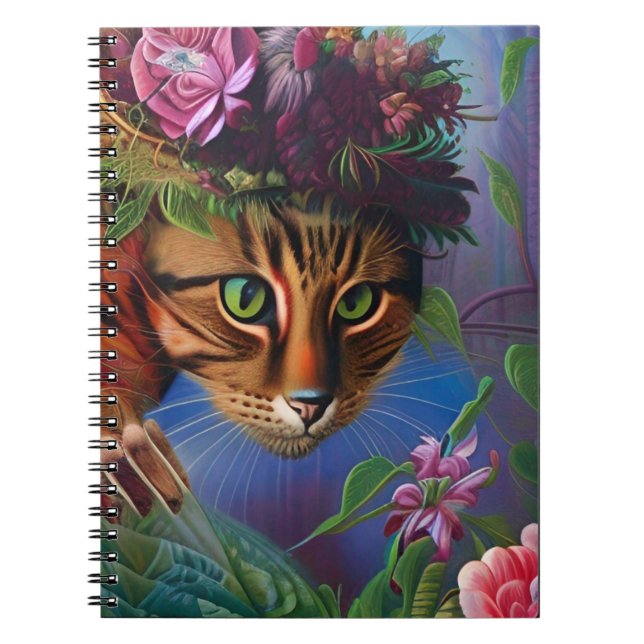 Caderno Espiral gato com arte de chapéu de flor (Frente)