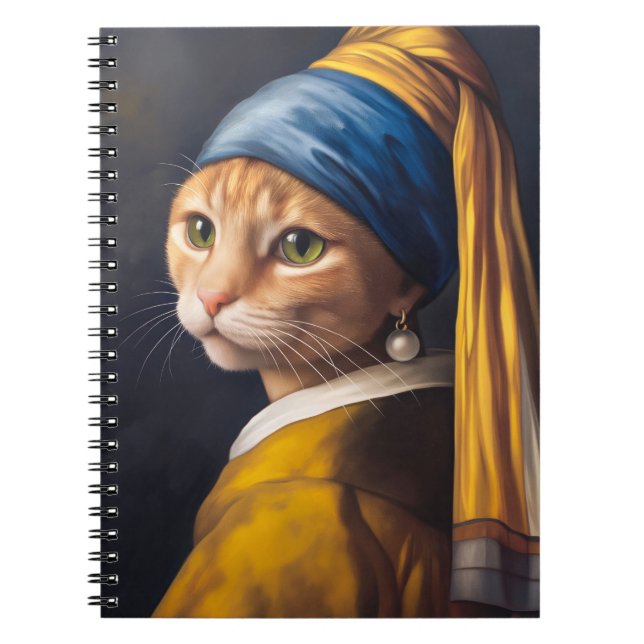 Caderno Espiral Gato com um brinco de pérolas | Funny Vermeer Paro (Frente)