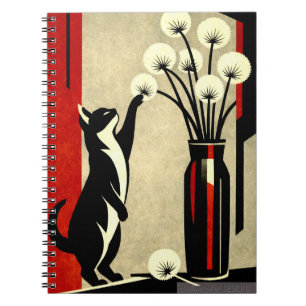Caderno Espiral Gato Curioso e Dandelions – Estilo Art Déco
