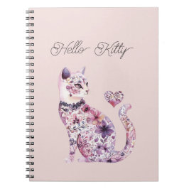 Caderno Espiral Gato de Amor Coração Flores Bege Roxo Rosa