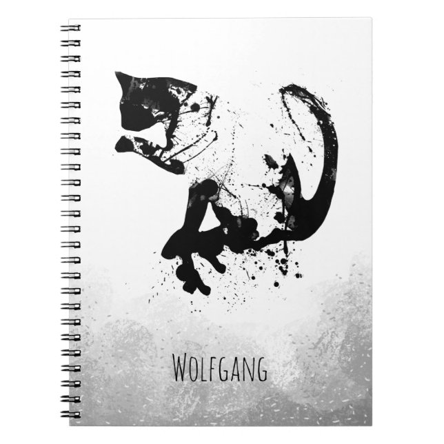 Caderno Espiral Gato de Aquarela, Gato Preto, Mínimo, Preto e Bran (Frente)