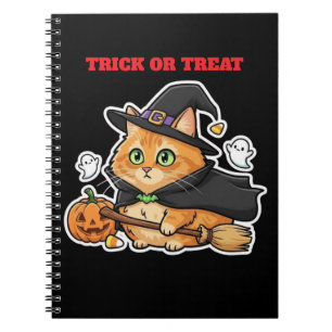 Caderno Espiral Gato de bruxa laranja de Halloween fofo Abóbora de