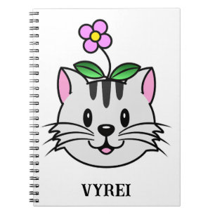 Caderno Espiral Gato de Cartoon Bonito com Flor na Cabeça