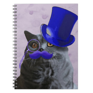 Caderno Espiral Gato de Cinza com chapéu azul e bigode