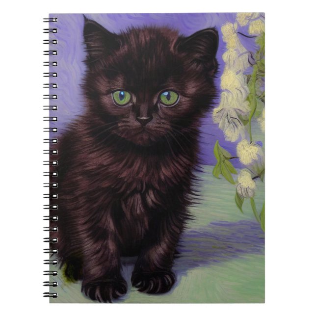 Caderno Espiral Gato de estilo Van Gogh com Flores Brancas (Frente)