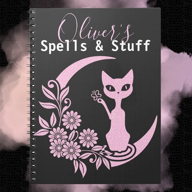 Caderno Espiral Gato de Gato Gato Gato de Moon Rosa Gótico Pastel (pastel goth notebook witch witchy pagan crescent moon kitty cat pink flowers spells book of shadows)
