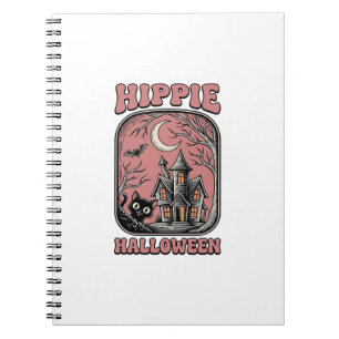 Caderno Espiral Gato de Halloween Hippie Casa Assombrada Design Vi
