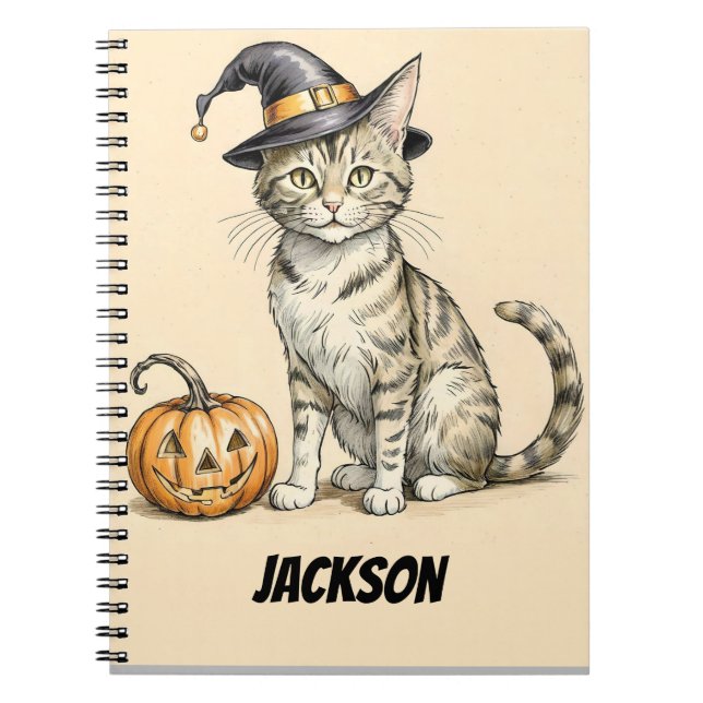 Caderno Espiral Gato de Halloween Whimsical. Bruxa de Gato Hallowe (Frente)