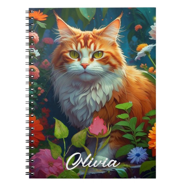 Caderno Espiral Gato de Laranja-Corte em Flores Personalizado (Frente)