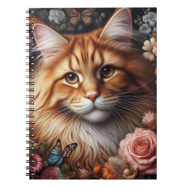 Caderno Espiral Gato de Maine Coon e Rosas Rosa Amantes de Gatos (Frente)