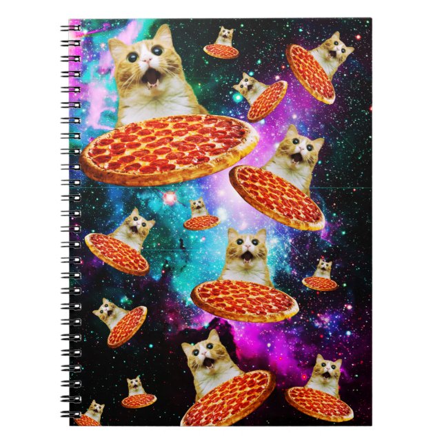 Caderno Espiral Gato de pizza espacial engraçado (Frente)