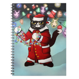 Caderno Espiral Gato de Tuxedo Bonito das Luzes de Natal