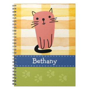 Caderno Espiral Gato Desenho, Xadrez Amarelo, Marcas de Pata, Pers