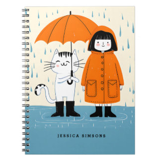 Caderno Espiral Gato e Garota Bonita na Chuva - Whimsical