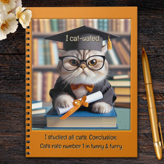 Caderno Espiral Gato Estudante Graduado Engraçado