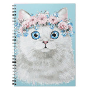 Caderno Espiral Gato floral branco doce