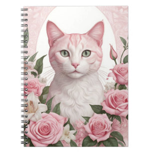 Caderno Espiral Gato Floral Elegante com Rosas Vibrantes e Lírios