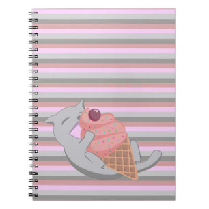 Caderno Espiral Gato Fofo Comendo Sorvete Listrado