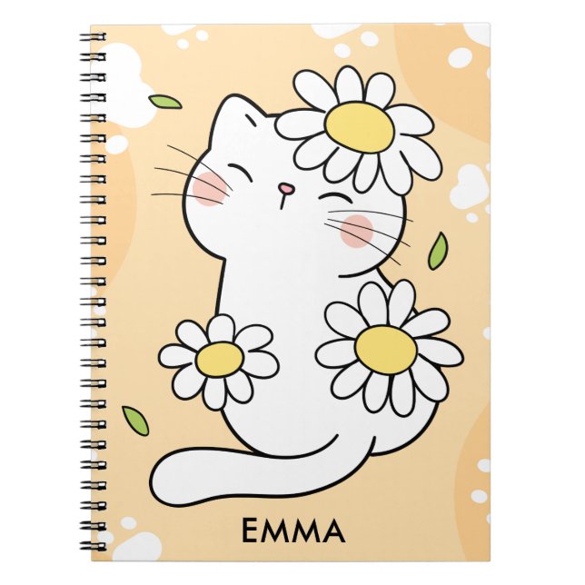 Caderno Espiral Gato fofo da margarida desenho animado personaliza (Frente)