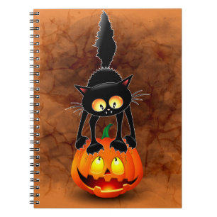 Caderno Espiral Gato Halloween Caricatura Assustada na Pumpkin