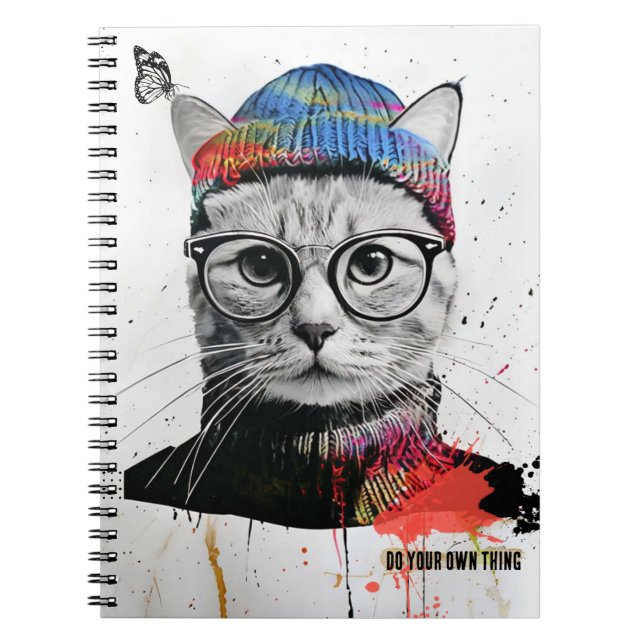 Caderno Espiral Gato hipster | Diário para notebook (Frente)