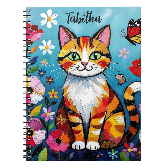 Caderno Espiral Gato Impasto, Flores & Borboleta Personalizado (Frente)