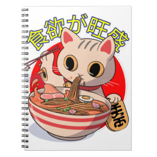 Caderno Espiral Gato Japonês Fofo Comendo Macarrão com Hashis