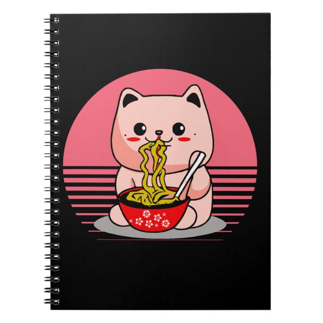 Caderno Espiral Gato Kawaii bonito comendo rêmen (Frente)