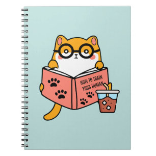 Caderno Espiral Gato Kawaii bonito lendo um livro