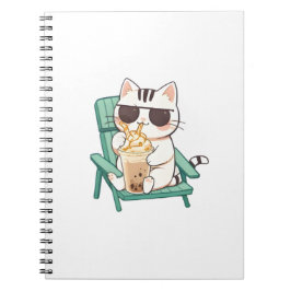Caderno Espiral Gato Kawaii Chibi de Óculos de Sol Bebendo Frappè