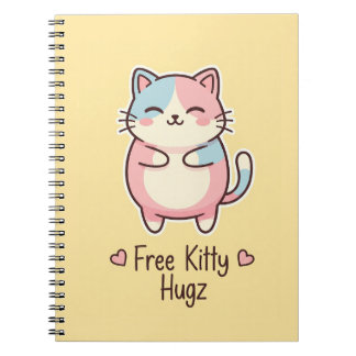 Caderno Espiral Gato Kawaii Fofo "Abraços de Cachorrinho Grátis" P