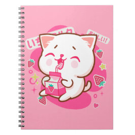 Caderno Espiral Gato Kawaii Gato Japonês Leite De Morango