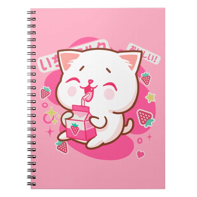 Caderno Espiral Gato Kawaii Gato Japonês Leite De Morango (Frente)