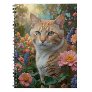 Caderno Espiral Gato laranja branco bonito em jardim floral