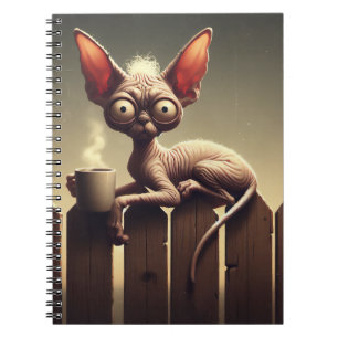 CADERNO ESPIRAL GATO LOUCO COM CAFÉ NA FENÇA