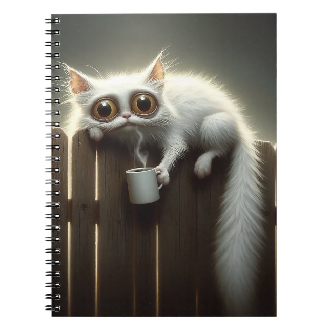 CADERNO ESPIRAL GATO LOUCO COM CAFÉ NA FENÇA (Frente)