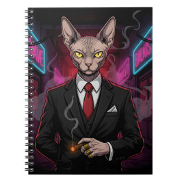 Caderno Espiral Gato Mafia Sphynx em Estilo Neon Noir